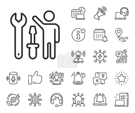 Illustration for Repairman service sign. Place location, technology and smart speaker outline icons. Spanner tool line icon. Fix instruments symbol. Repairman line sign. Influencer, brand ambassador icon. Vector - Royalty Free Image
