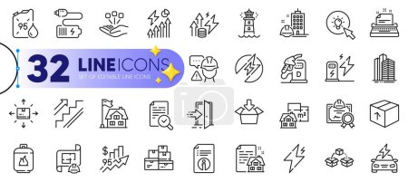 Illustration for Outline set of Electricity consumption, Entrance and Parcel shipping line icons for web with Engineering plan, Rise price, Diesel station thin icon. Car charging, Skyscraper buildings. Vector - Royalty Free Image