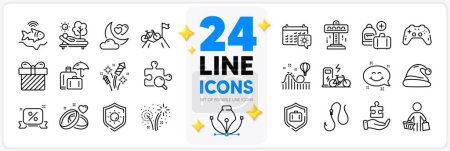 Illustration for Icons set of Travel calendar, Add handbag and Fishfinder line icons pack for app with Roller coaster, Electric bike, Buyer thin outline icon. Attraction, Lounger, Love night pictogram. Vector - Royalty Free Image