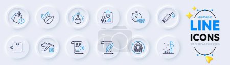 Illustration for Medical syringe, Time management and Inspect line icons for web app. Pack of Report, Puzzle, Quick tips pictogram icons. Teamwork, Qr code, Bitcoin graph signs. Feather, Organic product. Vector - Royalty Free Image