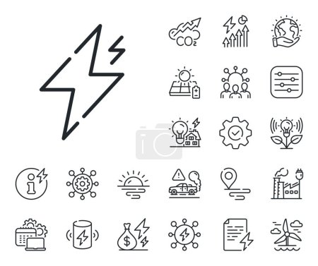 Illustration for Flash electric energy sign. Energy, Co2 exhaust and solar panel outline icons. Power line icon. Lightning bolt symbol. Power line sign. Eco electric or wind power icon. Green planet. Vector - Royalty Free Image