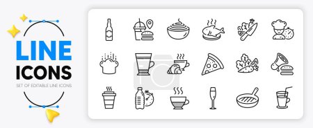 Ilustración de Croissant, botella de cerveza y los iconos de la línea de verduras establecidos para la aplicación incluyen Chef, Agua de fitness, Pizza delgada icono contorno. Sombrero de cocina, hamburguesa, icono de pictograma de copa de champán. Comida rápida. Vector - Imagen libre de derechos