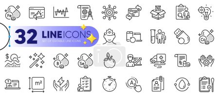 Illustration for Outline set of Magic wand, Ambulance transport and Iron line icons for web with Safe energy, Cobalt mineral, Interview documents thin icon. Qr code, Refresh website. Vector - Royalty Free Image