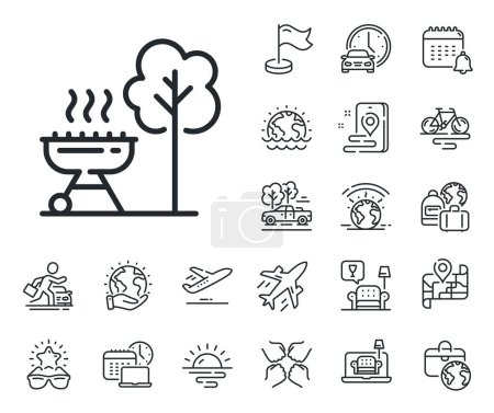 Illustration for Barbecue cooker for cooking food sign. Plane jet, travel map and baggage claim outline icons. Grill line icon. Hot meat brazier symbol. Grill line sign. Car rental, taxi transport icon. Vector - Royalty Free Image