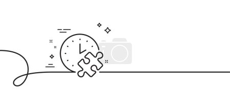 Illustration for Puzzle time line icon. Continuous one line with curl. Jigsaw piece with clock sign. Business challenge symbol. Puzzle time single outline ribbon. Loop curve pattern. Vector - Royalty Free Image