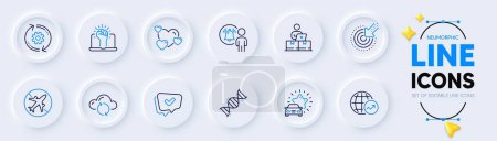Illustration for Car review, Chemistry dna and Targeting line icons for web app. Pack of Airplane mode, User notification, Heart pictogram icons. Approved, Online storage, Cogwheel signs. Cloud sync. Vector - Royalty Free Image