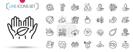 Ilustración de Pack de iconos de la línea Clima mundial, Eco energía y Verduras. Incluir pronóstico del tiempo, Almohada, Iconos de pictograma de ensalada. Cuidado del agua, alimentos ecológicos, signos ligeros. Carro de verduras. Vector - Imagen libre de derechos