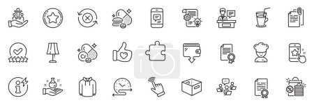 Illustration for Icons pack as Chromium mineral, Inclusion and Chemistry lab line icons for app include Cogwheel, Table lamp, Loyalty star outline thin icon web set. Puzzle, Wallet, Reject refresh pictogram. Vector - Royalty Free Image