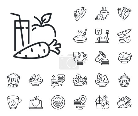 Illustration for Fresh apple and carrot drink sign. Crepe, sweet popcorn and salad outline icons. Juice line icon. Fruit beverage symbol. Juice line sign. Pasta spaghetti, fresh juice icon. Supply chain. Vector - Royalty Free Image