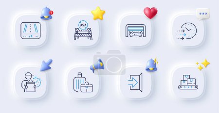 Illustration for Delivery time, Parking garage and Exit line icons. Buttons with 3d bell, chat speech, cursor. Pack of Baggage, Wholesale goods, Usa close borders icon. Delivery man, Gps pictogram. Vector - Royalty Free Image