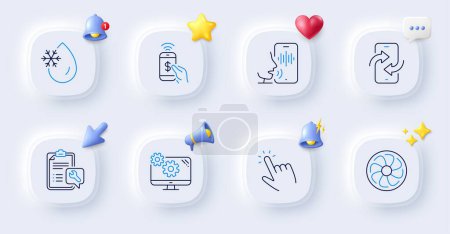 Illustration for Spanner, Settings and Freezing water line icons. Buttons with 3d bell, chat speech, cursor. Pack of Fan engine, Voicemail, Phone payment icon. Cursor, Phone transfer pictogram. Vector - Royalty Free Image
