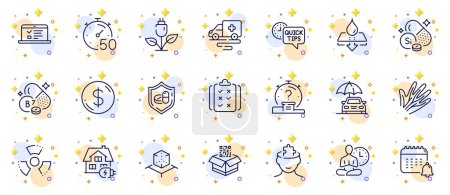 Illustration for Outline set of Rule, Dollar money and Water resistant line icons for web app. Include Yoga, Biotin vitamin, Qr code pictogram icons. Quick tips, Web lectures, Calendar signs. Vector - Royalty Free Image