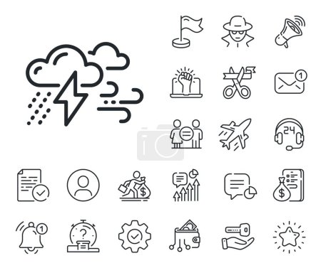 Illustration for Bad weather sign. Salaryman, gender equality and alert bell outline icons. Clouds with raindrops, lightning, wind line icon. Bad weather line sign. Spy or profile placeholder icon. Vector - Royalty Free Image