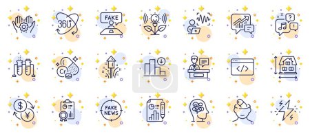 Illustration for Outline set of Fake review, Inspect and Power line icons for web app. Include Fireworks, Employee hand, Depression treatment pictogram icons. Voice wave, Voicemail, Currency exchange signs. Vector - Royalty Free Image
