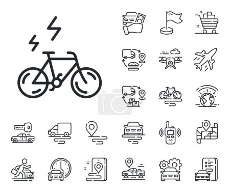 Illustration for Motorized bicycle transport sign. Plane, supply chain and place location outline icons. E-bike line icon. Electric bike symbol. E-bike line sign. Taxi transport, rent a bike icon. Travel map. Vector - Royalty Free Image