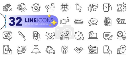 Illustration for Outline set of Baggage app, Car and Timer line icons for web with Loyalty star, 5g wifi, Text message thin icon. Write, Globe, Intersection arrows pictogram icon. Online test, Info. Vector - Royalty Free Image
