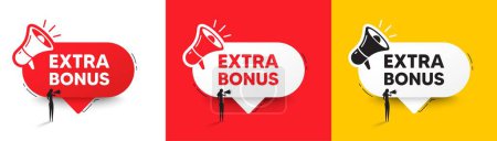 Illustration for Extra bonus offer tag. Speech bubble with megaphone and woman silhouette. Special gift promo sign. Sale promotion symbol. Extra bonus chat speech message. Woman with megaphone. Vector - Royalty Free Image