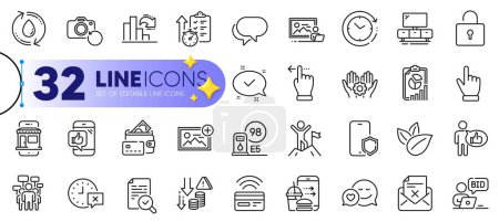 Illustration for Outline set of Talk bubble, Add photo and Time change line icons for web with Photo studio, Tv stand, Money thin icon. Food order, Refill water, Employee hand pictogram icon. Vector - Royalty Free Image