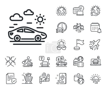 Illustration for Trip transport sign. Plane jet, travel map and baggage claim outline icons. Car travel line icon. Holidays vehicle symbol. Car travel line sign. Car rental, taxi transport icon. Place location. Vector - Royalty Free Image