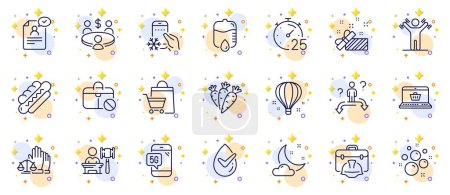 Illustration for Outline set of Refrigerator app, Resume document and Air balloon line icons for web app. Include 5g phone, Dermatologically tested, Clean bubbles pictogram icons. Drop counter, Auction. Vector - Royalty Free Image