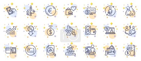 Illustration for Outline set of Online loan, Deflation and Meeting line icons for web app. Include Contactless payment, Food donation, Bitcoin system pictogram icons. No card, Replacement, Teacher signs. Vector - Royalty Free Image