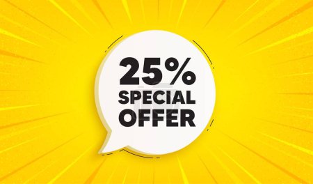 Illustration for 25 percent discount offer tag. Speech bubble sunburst banner. Sale price promo sign. Special offer symbol. Discount chat speech message. Yellow sun burst background. Vector - Royalty Free Image