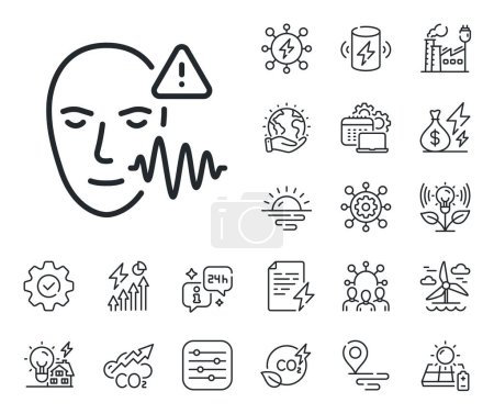 Illustration for Face scan sign. Energy, Co2 exhaust and solar panel outline icons. Voice wave line icon. Voice verification symbol. Voice wave line sign. Eco electric or wind power icon. Green planet. Vector - Royalty Free Image