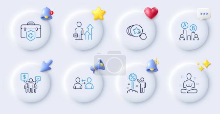 Illustration for Discount, Ab testing and Business results line icons. Buttons with 3d bell, chat speech, cursor. Pack of Yoga, Teamwork, Medical insurance icon. Communication, Hold heart pictogram. Vector - Royalty Free Image