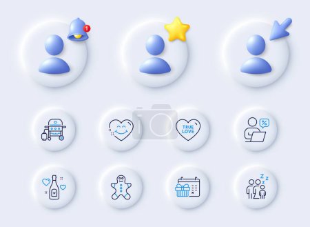 Illustration for Love champagne, Smile face and Sleep line icons. Placeholder with 3d cursor, bell, star. Pack of Christmas calendar, Gas grill, Gingerbread man icon. True love, Online discounts pictogram. Vector - Royalty Free Image
