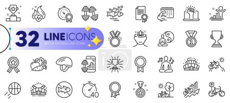 Illustration for Outline set of Honor, Timer and Best rank line icons for web with Yoga, Sports arena, Best result thin icon. Bicycle parking, Bicycle helmet, Winner pictogram icon. Vegetables. Vector - Royalty Free Image