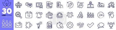 Illustration for Time management, Employee result and 24 hours line icons pack. Recovery gear, Digestion, Musical note web icon. New mail, Cyber attack, Speech bubble pictogram. Microphone, Agent, Salary. Vector - Royalty Free Image