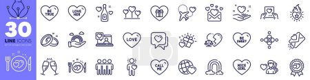 Illustration for Friend, Call me and Love line icons pack. Romantic gift, Love heart, Hold heart web icon. Be true, Wedding rings, Lgbt pictogram. Divorce lawyer, Friends world, Be sweet. Rainbow. Vector - Royalty Free Image