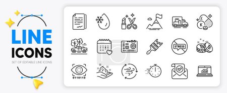 Illustration for Stop stress, Cooking timer and Document signature line icons set for app include Beauty, Online statistics, Motherboard outline thin icon. Skin care, Confirmed mail, Wind energy pictogram icon. Vector - Royalty Free Image
