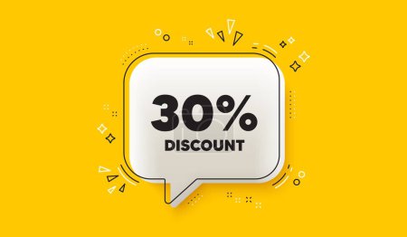 Illustration for 30 percent discount tag. 3d speech bubble yellow banner. Sale offer price sign. Special offer symbol. Discount chat speech bubble message. Talk box infographics. Vector - Royalty Free Image