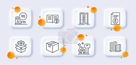 Illustration for Technical info, Buying house and Door line icons pack. 3d glass buttons with blurred circles. Packing boxes, Buildings, Petrol station web icon. Help, Parcel pictogram. For web app, printing. Vector - Royalty Free Image