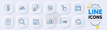 Illustration for Cursor, Interview and Search line icons for web app. Pack of Money calendar, Delete file, Education pictogram icons. Bicycle, Payment received, Loan house signs. Online market, Fireworks. Vector - Royalty Free Image