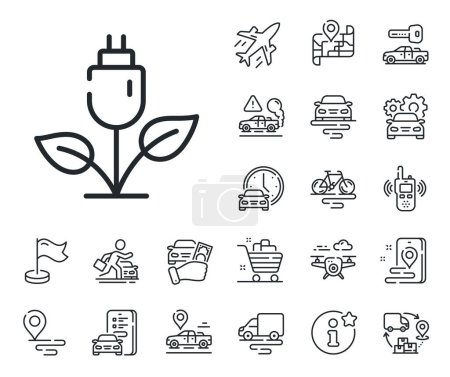 Illustration for Electric energy sign. Plane, supply chain and place location outline icons. Eco power line icon. Charging plug symbol. Eco power line sign. Taxi transport, rent a bike icon. Travel map. Vector - Royalty Free Image