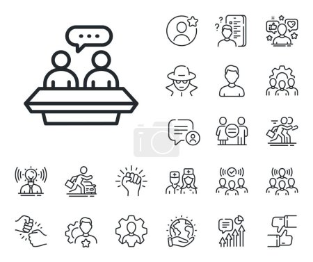 Illustration for Collaboration sign. Specialist, doctor and job competition outline icons. Employees talk line icon. Development partners symbol. Employees talk line sign. Avatar placeholder, spy headshot icon. Vector - Royalty Free Image