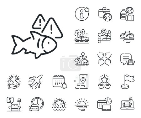 Illustration for Fishing catch sign. Plane jet, travel map and baggage claim outline icons. Fish line icon. Aquarium attention symbol. Fish line sign. Car rental, taxi transport icon. Place location. Vector - Royalty Free Image
