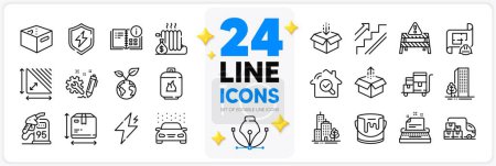 Illustration for Icons set of Engineering plan, Skyscraper buildings and Triangle area line icons pack for app with Save planet, Power safety, Gas cylinder thin outline icon. Petrol station, Engineering. Vector - Royalty Free Image