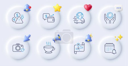 Illustration for Wallet, Calendar and Employee hand line icons. Buttons with 3d bell, chat speech, cursor. Pack of Delivery service, Photo camera, Coffee cup icon. Map, Deflation pictogram. Vector - Royalty Free Image