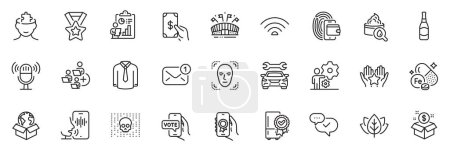 Illustration for Icons pack as Moisturizing cream, Beer bottle and Wifi line icons for app include Organic tested, Delivery service, Receive money outline thin icon web set. Cyber attack, Ranking. Vector - Royalty Free Image