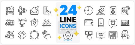 Illustration for Icons set of Phone image, Omega and Clock line icons pack for app with Open mail, Microphone, Cogwheel thin outline icon. Auction, Web call, Notification bubble pictogram. Payment click. Vector - Royalty Free Image