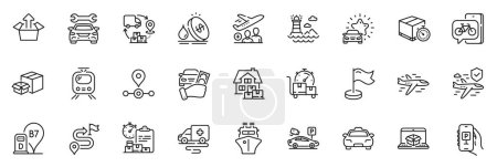Illustration for Icons pack as Car review, Airplane and Send box line icons for app include Milestone, Passenger, Rent car outline thin icon web set. Delivery timer, Delivery report, Parking security pictogram. Vector - Royalty Free Image