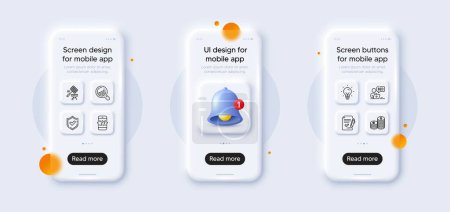 Illustration for Online auction, Confirmed and Currency line icons pack. 3d phone mockups with bell alert. Glass smartphone screen. Approved agreement, Seo analysis, Star web icon. Vector - Royalty Free Image