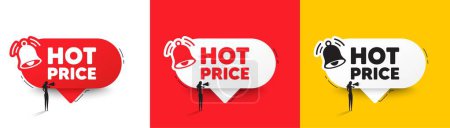 Illustration for Hot Price tag. Speech bubbles with bell and woman silhouette. Special offer Sale sign. Advertising Discounts symbol. Hot price chat speech message. Woman with megaphone. Vector - Royalty Free Image