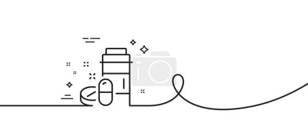 Illustration for Medical drugs bottle line icon. Continuous one line with curl. Medicine pills sign. Pharmacy medication symbol. Medical drugs single outline ribbon. Loop curve pattern. Vector - Royalty Free Image
