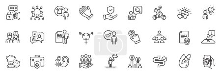 Illustration for Icons pack as Doctor, Fingerprint and Support chat line icons for app include Digestion, Leadership, Eye drops outline thin icon web set. Delivery bike, Award app, Ab testing pictogram. Vector - Royalty Free Image