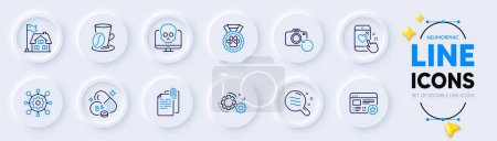 Illustration for Recovery photo, Favorite and Document attachment line icons for web app. Pack of Cyber attack, Skin condition, Coffee cup pictogram icons. Framework, Heart rating, Vitamin b6 signs. Vector - Royalty Free Image