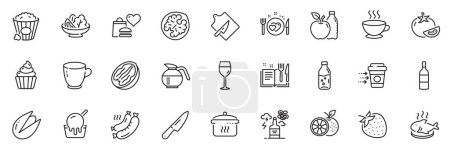 Illustration for Icons pack as Water bottle, Cupcake and Romantic dinner line icons for app include Coffee delivery, Coffee cup, Ice cream outline thin icon web set. Knife, Grilled sausage, Popcorn pictogram. Vector - Royalty Free Image